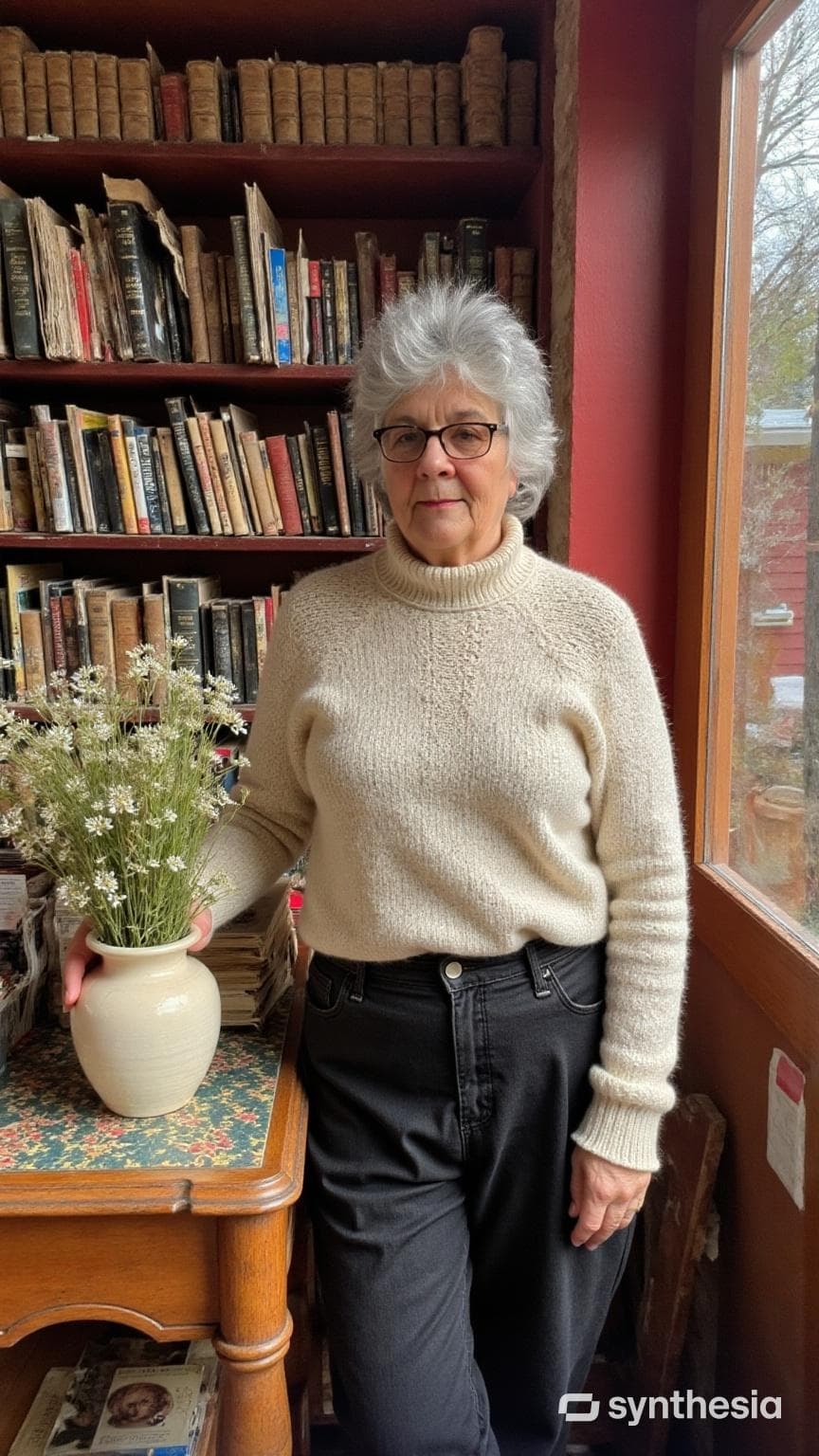 Delphine du Toit at home beside her bookshelves