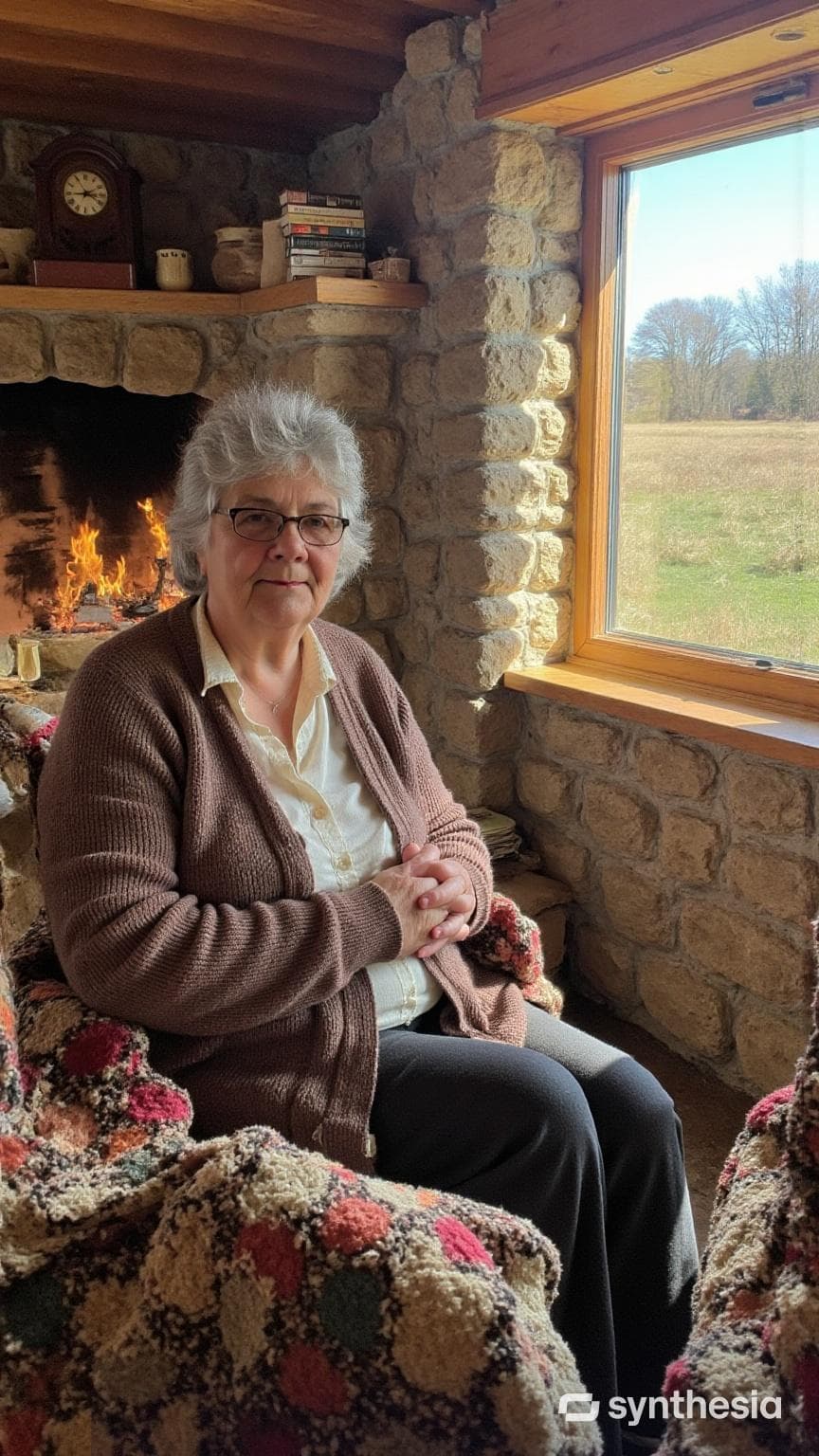 Delphine du Toit seated by the fireplace at home